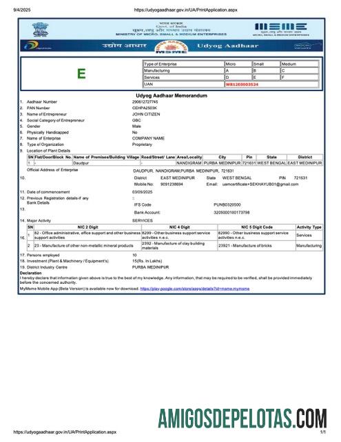 Certificado de registro realista da Índia Udyog Aadhaar modelo Word e PDF, versão 2